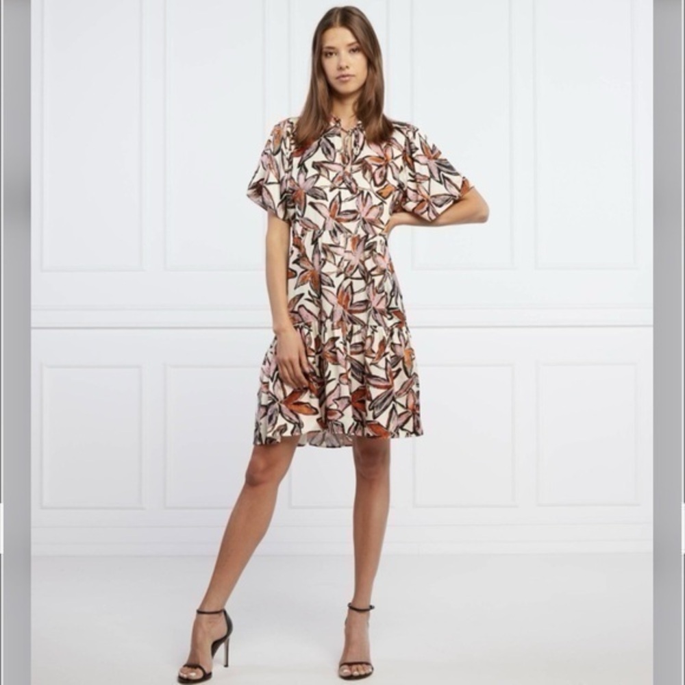 BOSS C_Decentino Leaf Print Relaxed Fit Dress in Ivory/Orange Multi Size 4